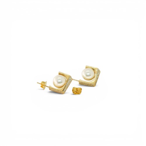 ARETES ZIRCONIA Y PERLA CON BAÑO DE ORO