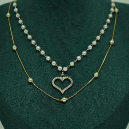 COLLAR DOBLE PERLAS Y ZIRCONIAS CON BAÑO DE ORO